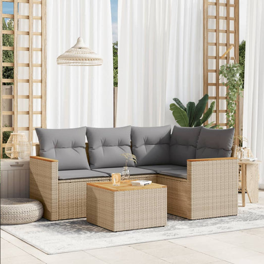 HKH 5 Pcs Conj. Sofás Jardim C/ Almofadões Vime Pe Misturado - Bege
