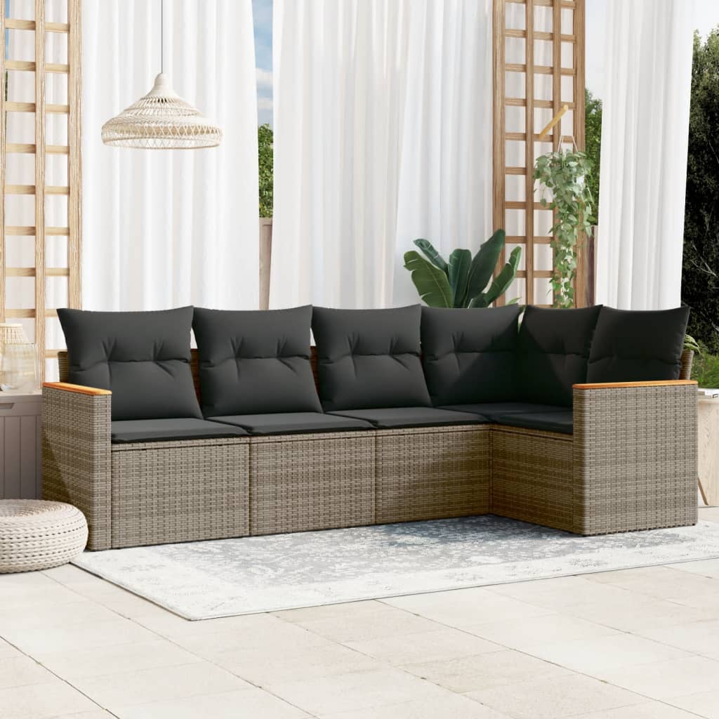 HKH 5 Pcs Conjunto Sofás de Jardim C/ Almofadões Vime Pe - Cinzento