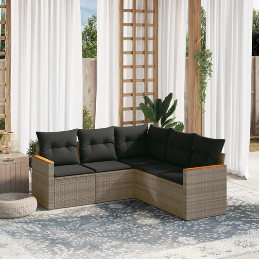 HKH 5 Pcs Conjunto Sofás de Jardim C/ Almofadões Vime Pe - Cinzento