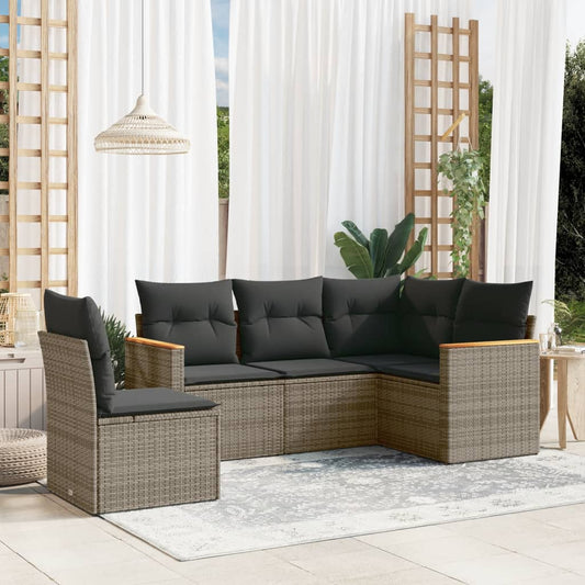 HKH 5 Pcs Conjunto Sofás de Jardim C/ Almofadões Vime Pe - Cinzento