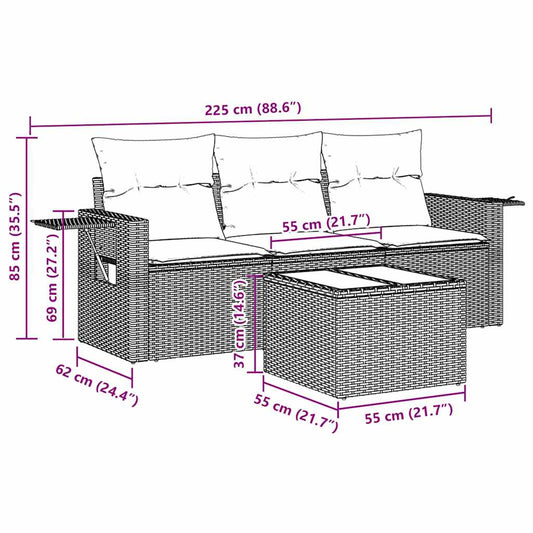 HKH 4 Pcs Conjunto de Sofás para Jardim C/ Almofadões Vime Pe - Preto