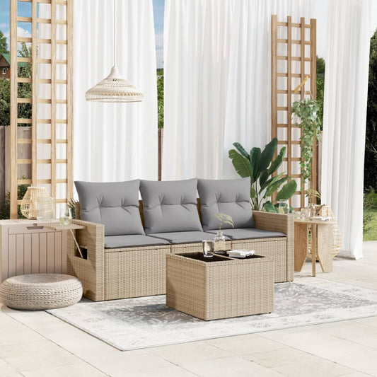 HKH 4 Pcs Conjunto de Sofás para Jardim C/ Almofadões Vime Pe - Bege