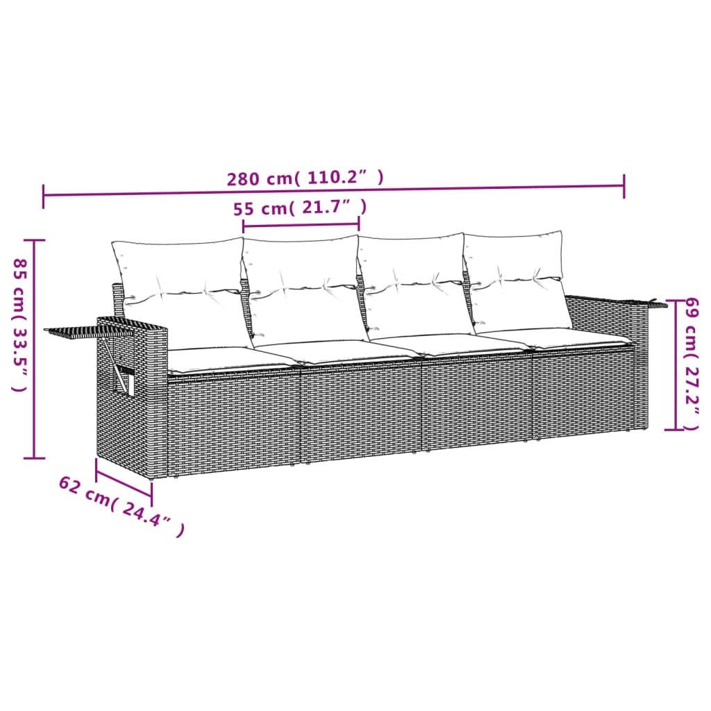 HKH 4 Pcs Conjunto de Sofás para Jardim C/ Almofadões Vime Pe - Preto