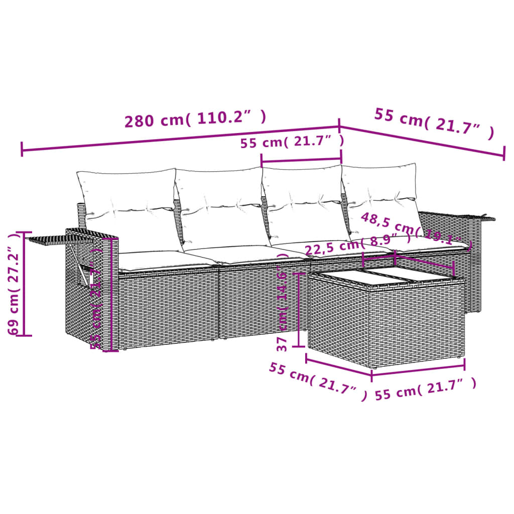 HKH 5 Pcs Conjunto Sofás de Jardim com Almofadões Vime Pe - Preto