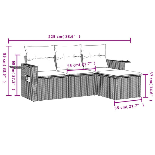 HKH 4 Pcs Conjunto de Sofás para Jardim C/ Almofadões Vime Pe - Preto