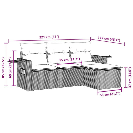 HKH 4 Pcs Conjunto de Sofás para Jardim C/ Almofadões Vime Pe - Preto