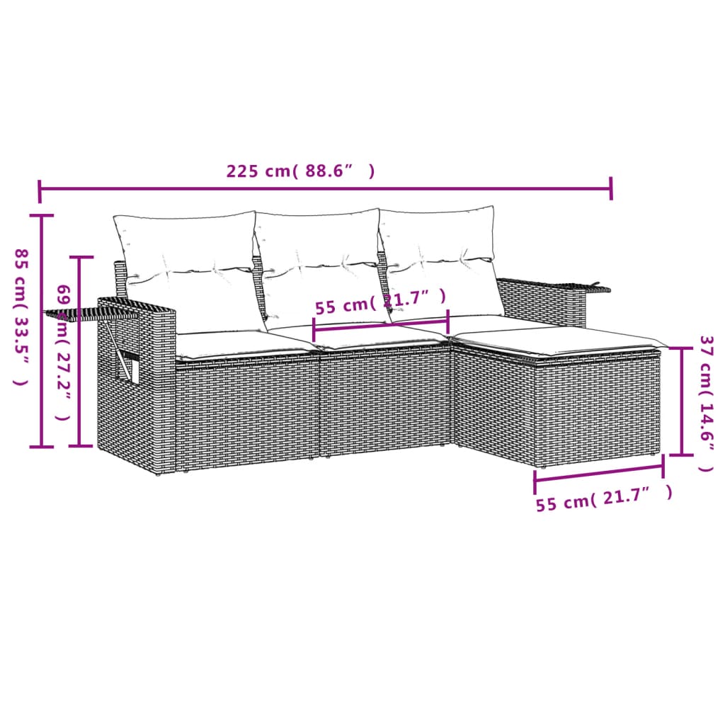 HKH 4 Pcs Conjunto de Sofás para Jardim C/ Almofadões Vime Pe - Bege