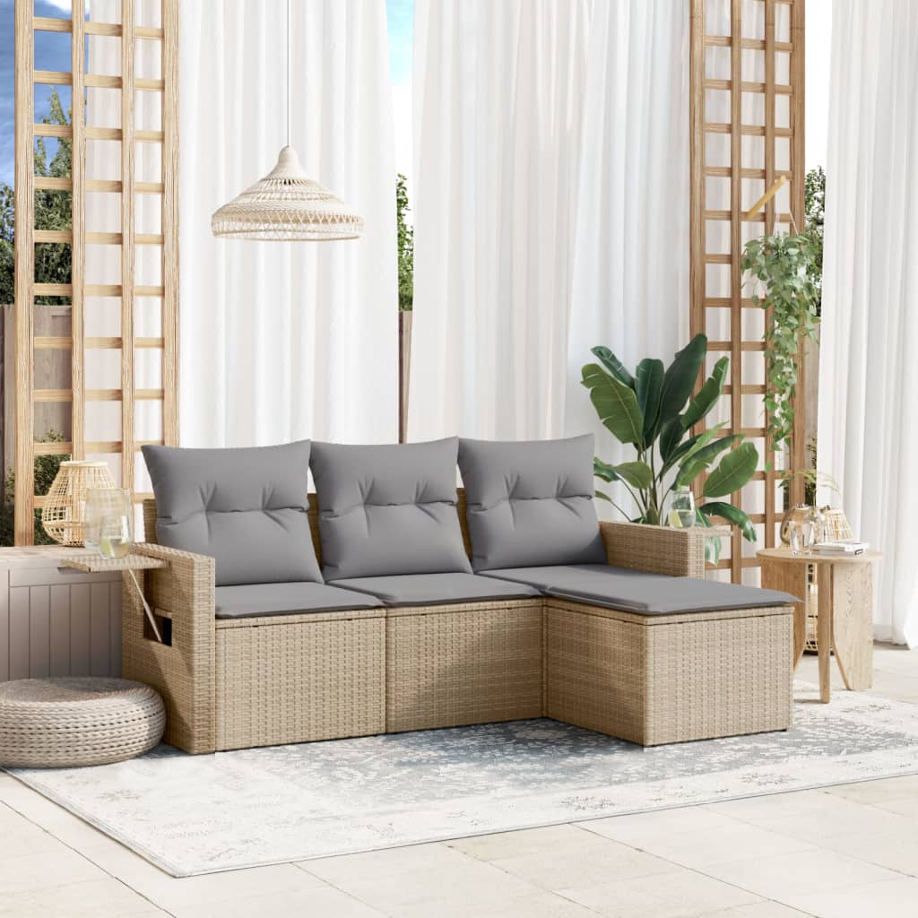 HKH 4 Pcs Conjunto de Sofás para Jardim C/ Almofadões Vime Pe - Bege
