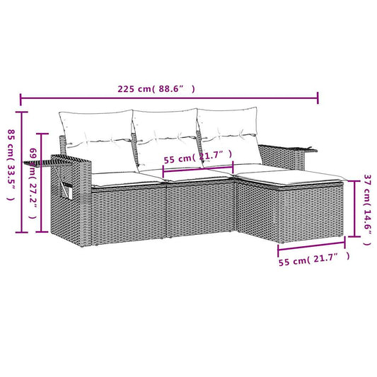HKH 4 Pcs Conjunto Sofás de Jardim C/ Almofadões Vime Pe - Cinzento