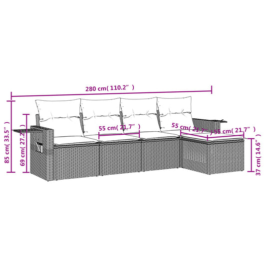 HKH 5 Pcs Conjunto Sofás de Jardim com Almofadões Vime Pe - Preto