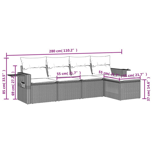 HKH 5 Pcs Conjunto Sofás de Jardim C/ Almofadões Vime Pe - Cinzento