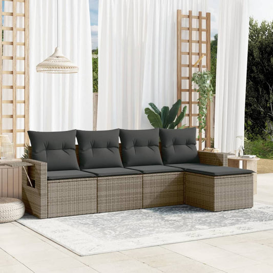 HKH 5 Pcs Conjunto Sofás de Jardim C/ Almofadões Vime Pe - Cinzento
