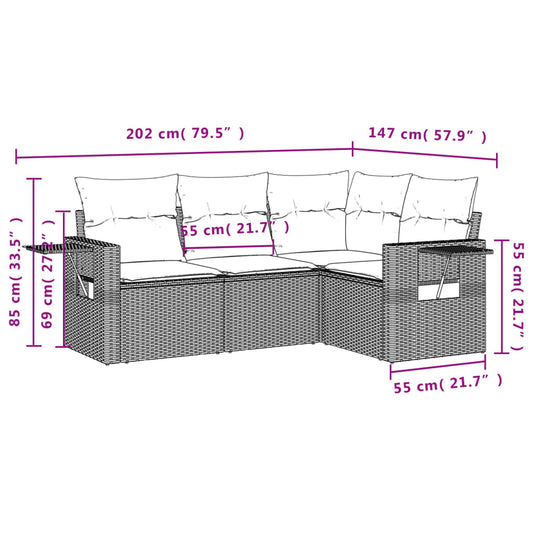 HKH 4 Pcs Conjunto Sofás de Jardim C/ Almofadões Vime Pe - Cinzento