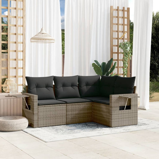 HKH 4 Pcs Conjunto Sofás de Jardim C/ Almofadões Vime Pe - Cinzento