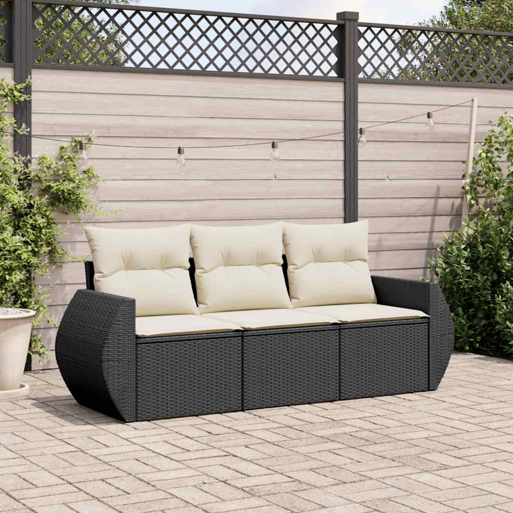 HKH Conjunto de Sofás de Jardín de 3 Piezas con Cojines Ratán PE - Negro