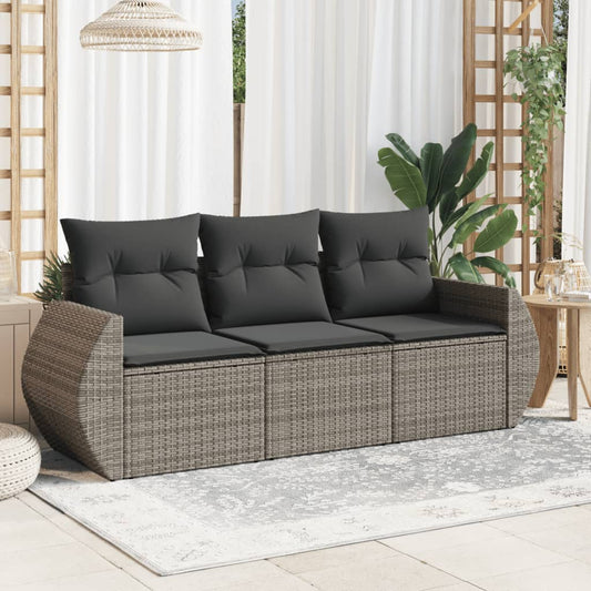 HKH 3 Pcs Conjunto Sofás de Jardim C/ Almofadões Vime Pe - Cinzento