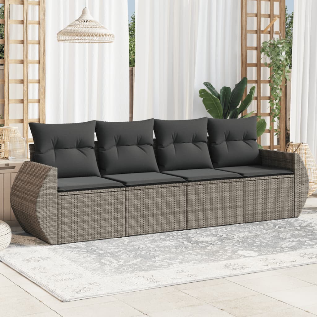 HKH 4 Pcs Conjunto Sofás de Jardim C/ Almofadões Vime Pe - Cinzento