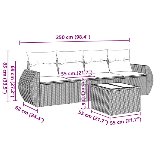 HKH 5 Pcs Conjunto Sofás de Jardim com Almofadões Vime Pe - Preto