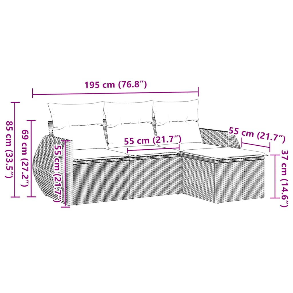 HKH 4 Pcs Conjunto de Sofás para Jardim C/ Almofadões Vime Pe - Preto