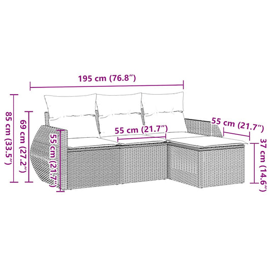 HKH 4 Pcs Conjunto de Sofás para Jardim C/ Almofadões Vime Pe - Preto