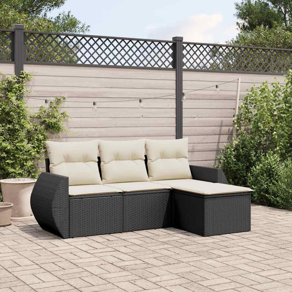 HKH 4 Pcs Conjunto de Sofás para Jardim C/ Almofadões Vime Pe - Preto