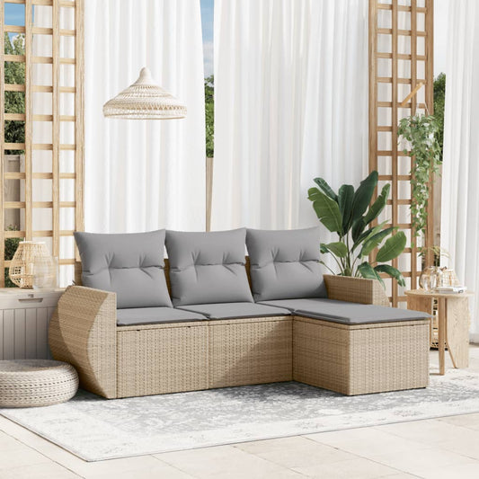 HKH 4 Pcs Conjunto de Sofás para Jardim C/ Almofadões Vime Pe - Bege