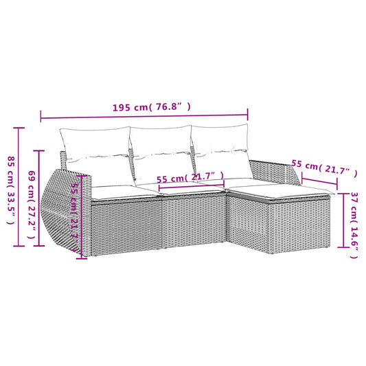 HKH 4 Pcs Conjunto Sofás de Jardim C/ Almofadões Vime Pe - Cinzento