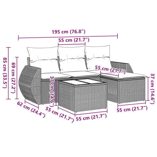 HKH 5 Pcs Conjunto Sofás de Jardim com Almofadões Vime Pe - Preto