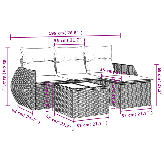 HKH 5 Pcs Conjunto Sofás de Jardim C/ Almofadões Vime Pe - Cinzento