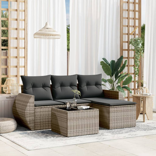 HKH 5 Pcs Conjunto Sofás de Jardim C/ Almofadões Vime Pe - Cinzento