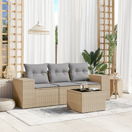 HKH 4 Pcs Conjunto de Sofás para Jardim C/ Almofadões Vime Pe - Bege
