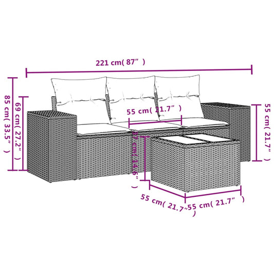 HKH 4 Pcs Conjunto Sofás de Jardim C/ Almofadões Vime Pe - Cinzento