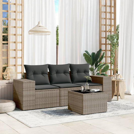 HKH 4 Pcs Conjunto Sofás de Jardim C/ Almofadões Vime Pe - Cinzento