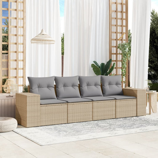 HKH 4 Pcs Conjunto de Sofás para Jardim C/ Almofadões Vime Pe - Bege