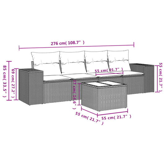 HKH 5 Pcs Conjunto Sofás de Jardim com Almofadões Vime Pe - Preto