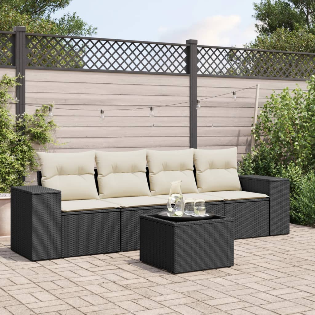 HKH 5 Pcs Conjunto Sofás de Jardim com Almofadões Vime Pe - Preto