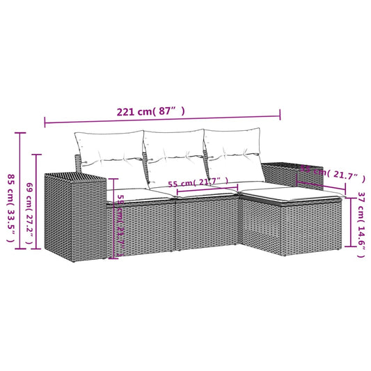 HKH 4 Pcs Conjunto de Sofás para Jardim C/ Almofadões Vime Pe - Preto
