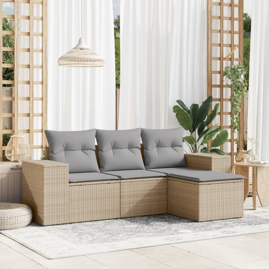 HKH 4 Pcs Conjunto de Sofás para Jardim C/ Almofadões Vime Pe - Bege