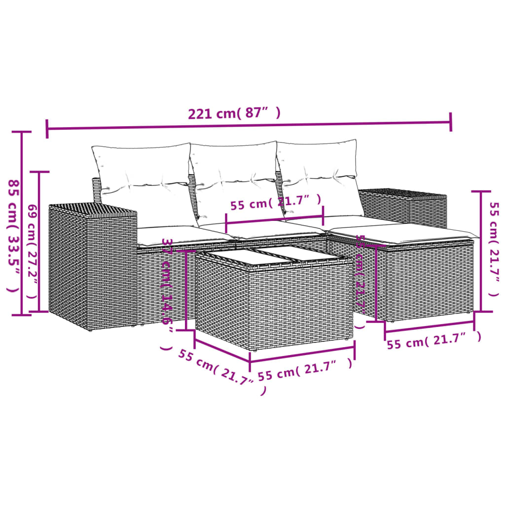 HKH 5 Pcs Conjunto Sofás de Jardim C/ Almofadões Vime Pe - Cinzento
