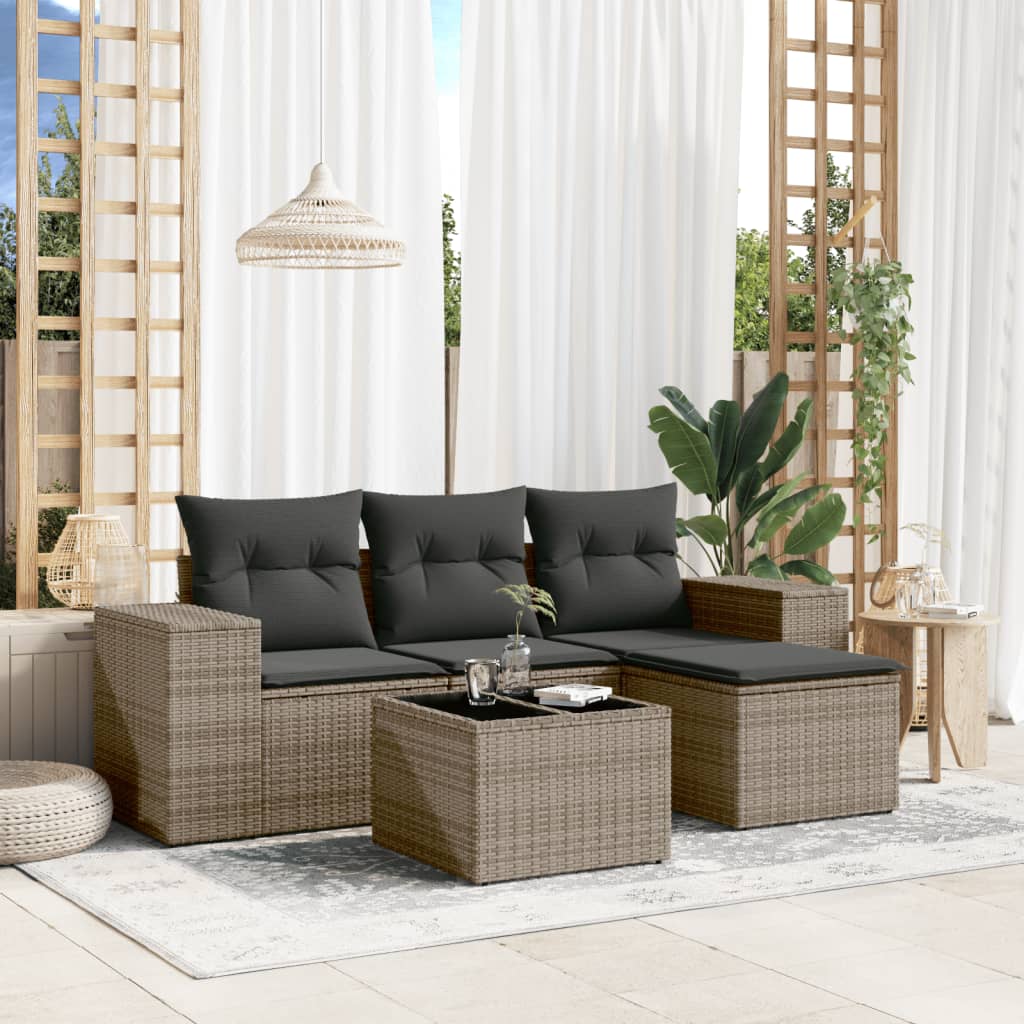 HKH 5 Pcs Conjunto Sofás de Jardim C/ Almofadões Vime Pe - Cinzento