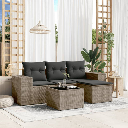 HKH 5 Pcs Conjunto Sofás de Jardim C/ Almofadões Vime Pe - Cinzento