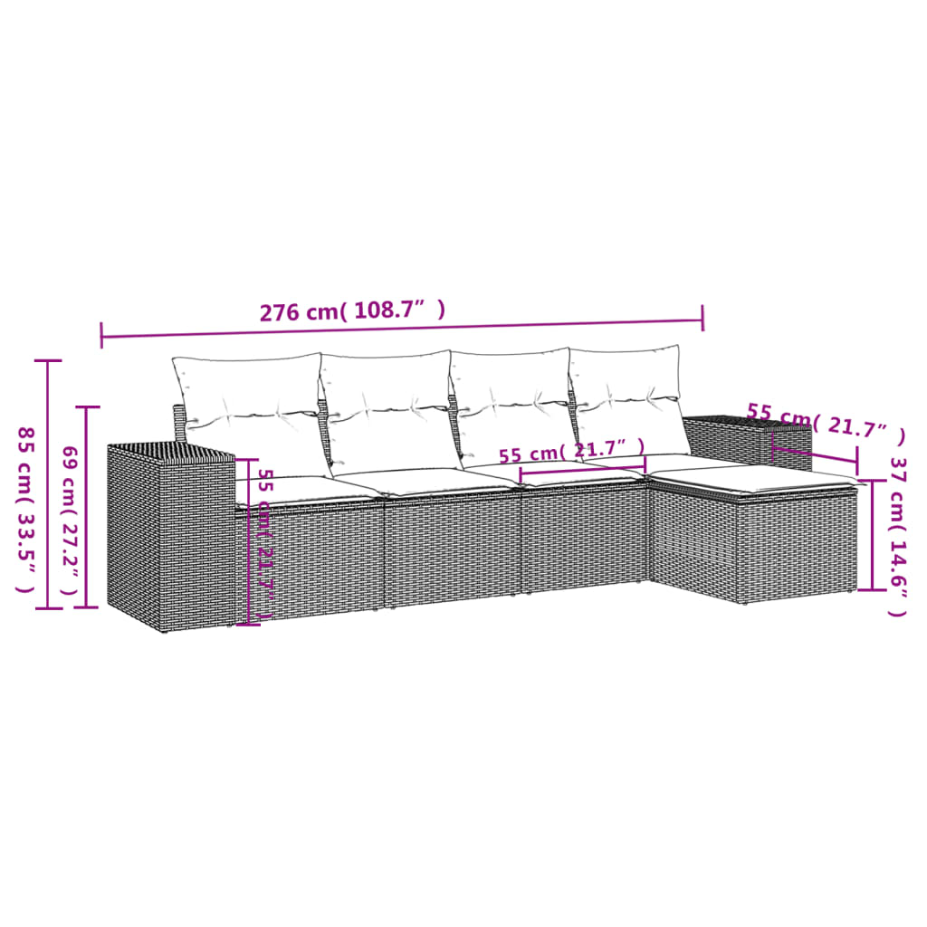 HKH 5 Pcs Conjunto Sofás de Jardim com Almofadões Vime Pe - Preto