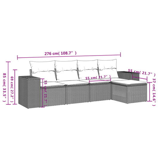 HKH 5 Pcs Conjunto Sofás de Jardim com Almofadões Vime Pe - Preto