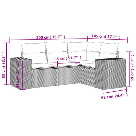 HKH 4 Pcs Conjunto de Sofás para Jardim C/ Almofadões Vime Pe - Preto