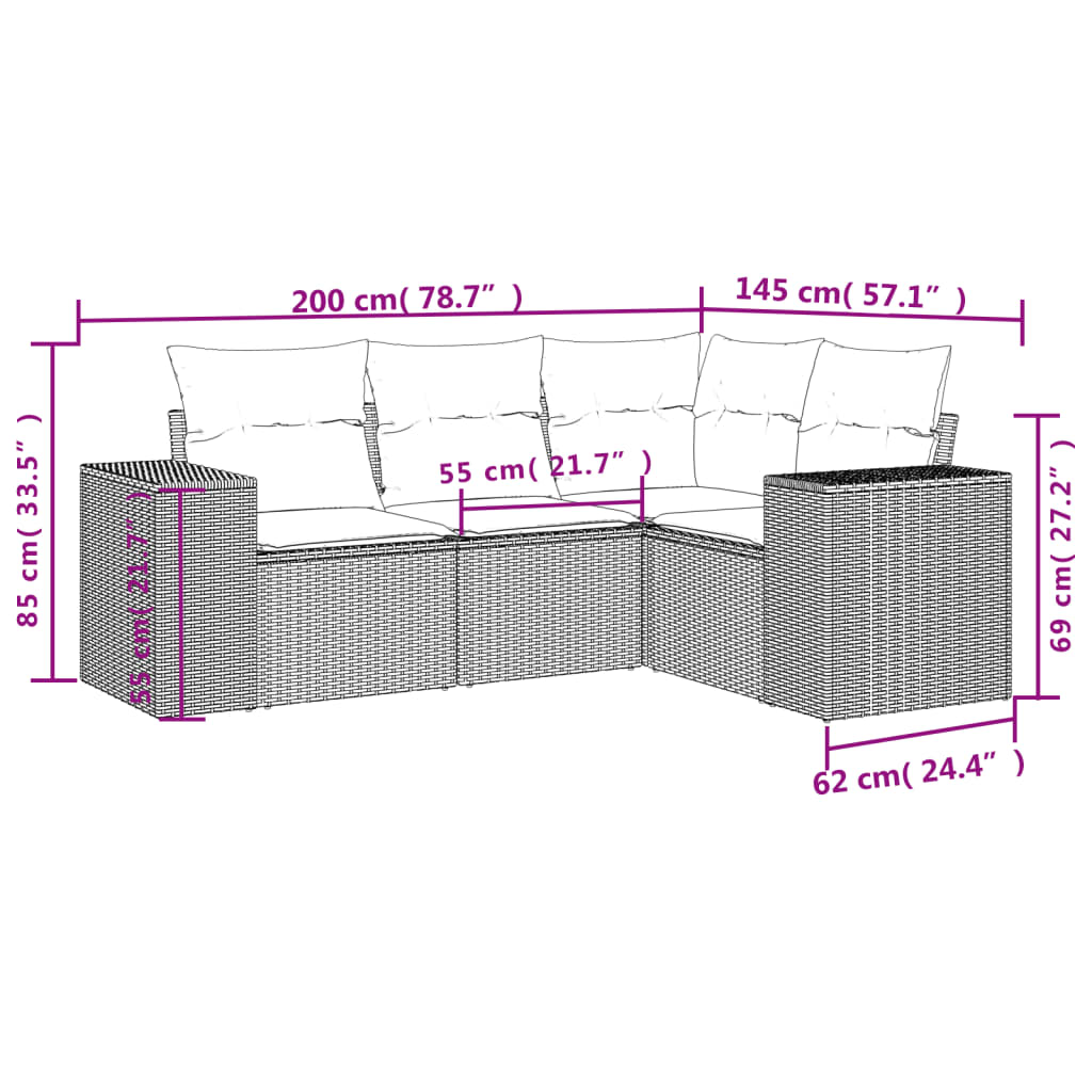 HKH 4 Pcs Conjunto Sofás de Jardim C/ Almofadões Vime Pe - Cinzento