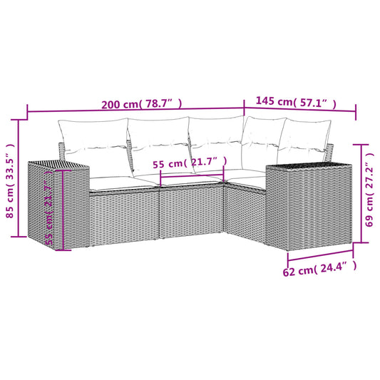 HKH 4 Pcs Conjunto Sofás de Jardim C/ Almofadões Vime Pe - Cinzento