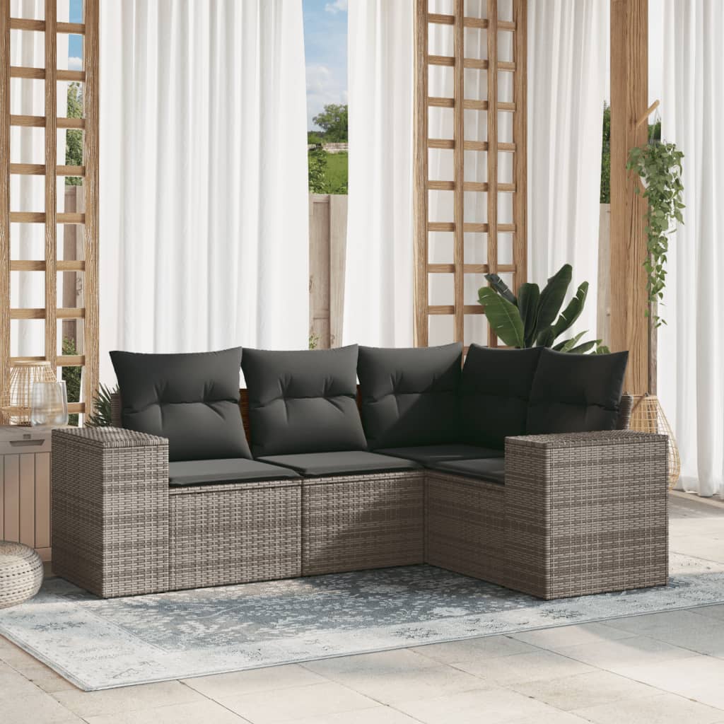 HKH 4 Pcs Conjunto Sofás de Jardim C/ Almofadões Vime Pe - Cinzento