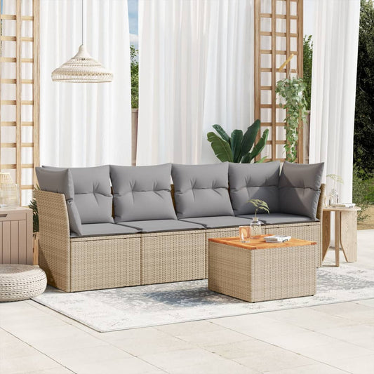 HKH 5 Pcs Conj. Sofás Jardim C/ Almofadões Vime Pe Misturado - Bege