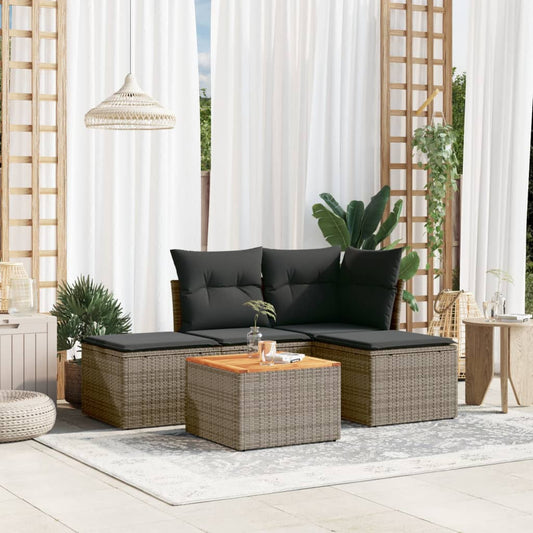 HKH 5 Pcs Conjunto Sofás de Jardim C/ Almofadões Vime Pe - Cinzento