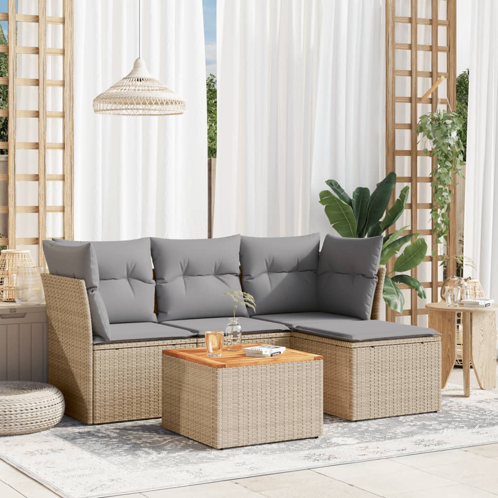 HKH 5 Pcs Conj. Sofás Jardim C/ Almofadões Vime Pe Misturado - Bege
